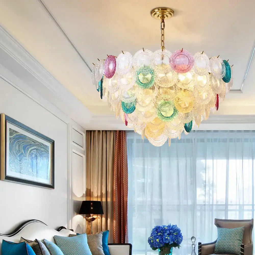 Modern iron glass colorized chandelier with pink green and blue translucent discs and brass gold iron glass decorbites iron glass ceiling mount