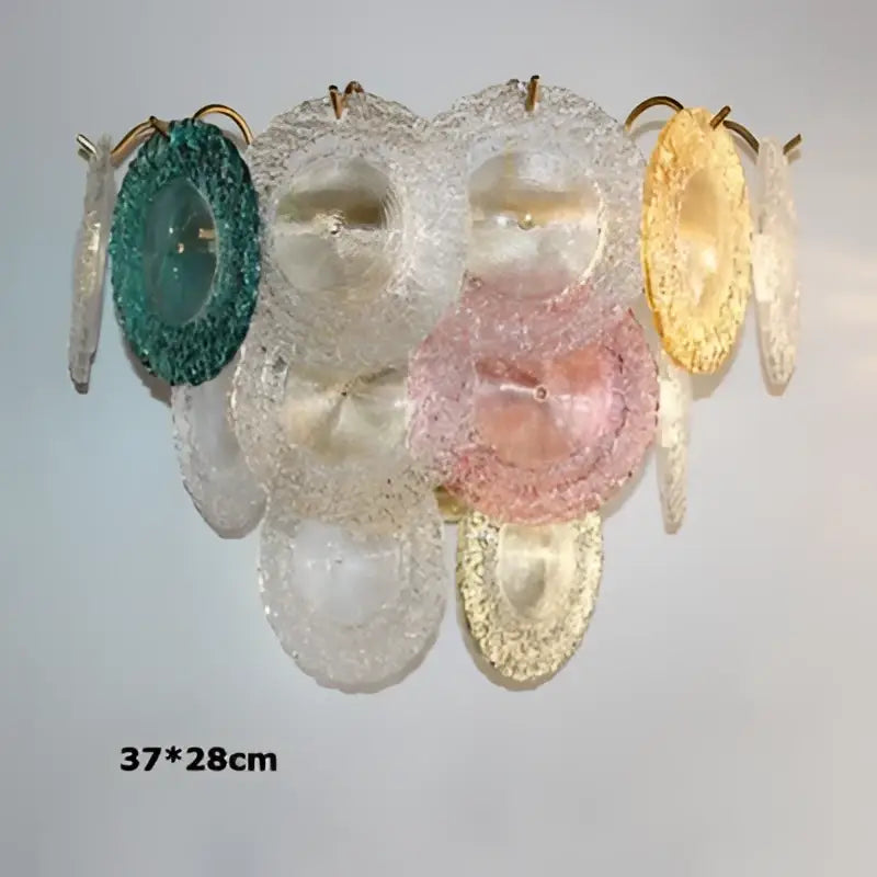 Modern iron glass colorized chandelier featuring green, clear, pink, and gold hand-blown glass discs for foyer lighting