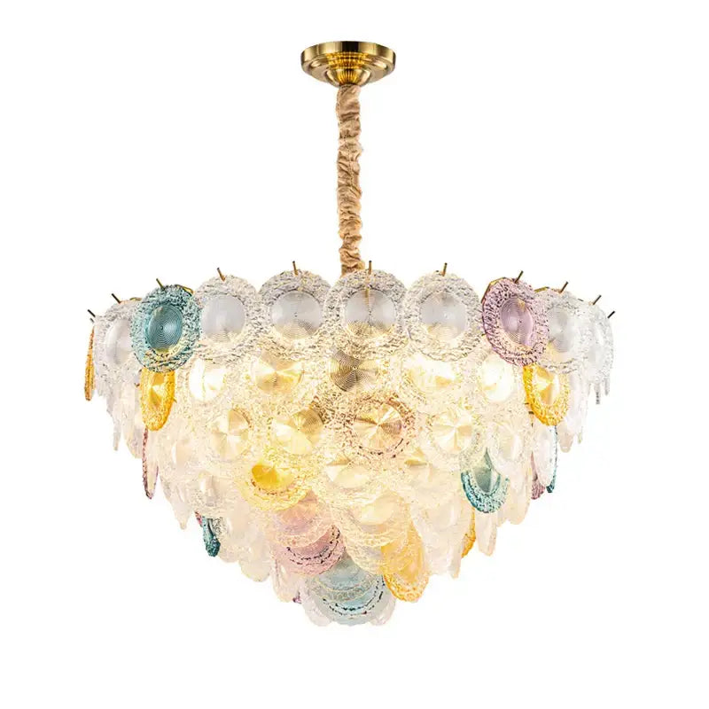 Modern iron glass colorized chandelier with pastel glass and gold-finished iron glass colorized foyer lighting decorbites iron glass