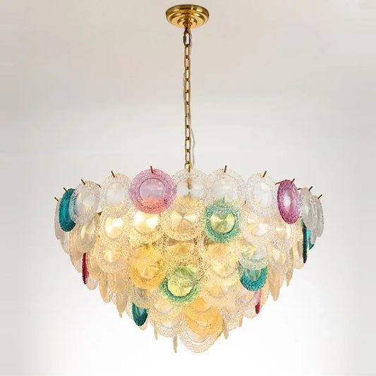 Modern iron glass colorized chandelier with vibrant multi-colored glass and gold-finished chain for foyer lighting decorbites iron glass