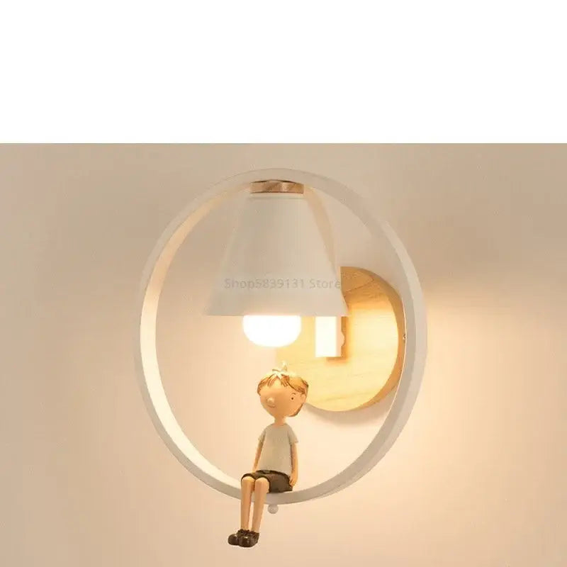 Modern iron led wall lamp with white circular shade wooden backplate and boy figurine for bedroom decorbites iron led