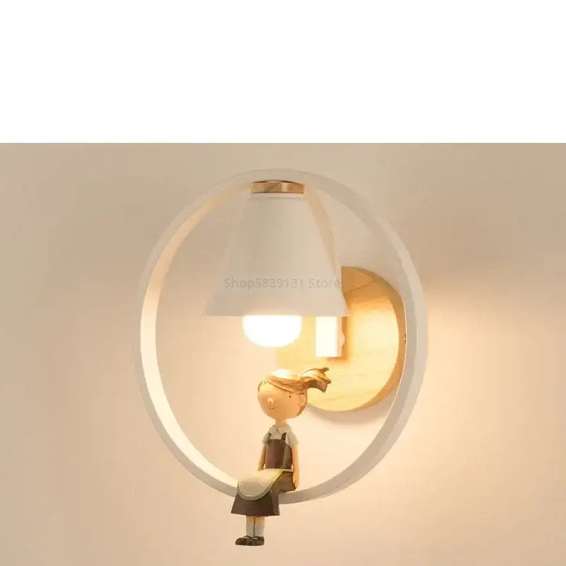 A charming white circular iron led wall lamp with wooden backplate and girl figurine for bedroom decorbites iron led wall lamps