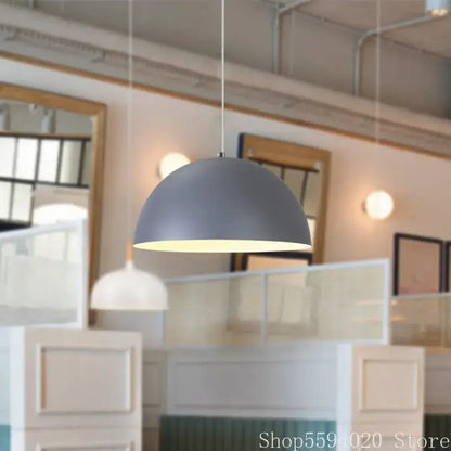 Gray dome-shaped matte iron lustre pendant light with white interior by decorbites for kitchen bar decor