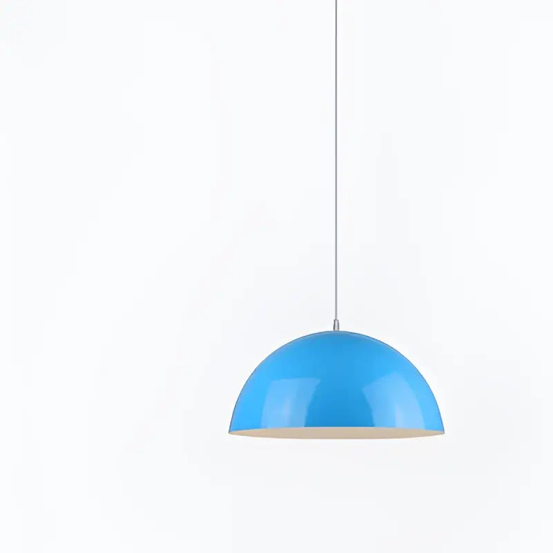 A sleek bright blue dome-shaped iron lustre pendant light with glossy finish and white cord for kitchen bar decorbites pendant lights