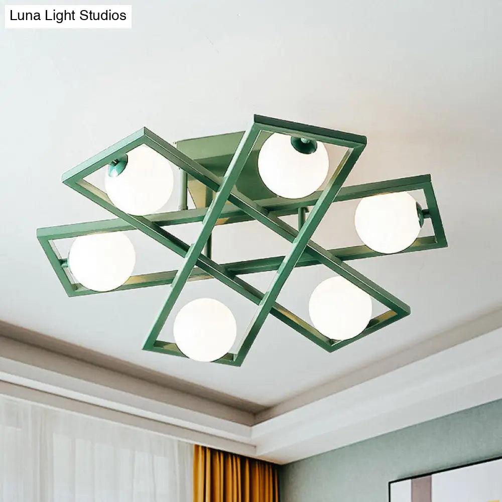DecorBites™ DecorBites™ Modern Iron Semi Flush Ceiling Lamp with Globe White Glass Shade - Green, 3/4/6-Head Macaron Design