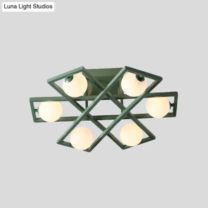 DecorBites™ DecorBites™ Modern Iron Semi Flush Ceiling Lamp with Globe White Glass Shade - Green, 3/4/6-Head Macaron Design