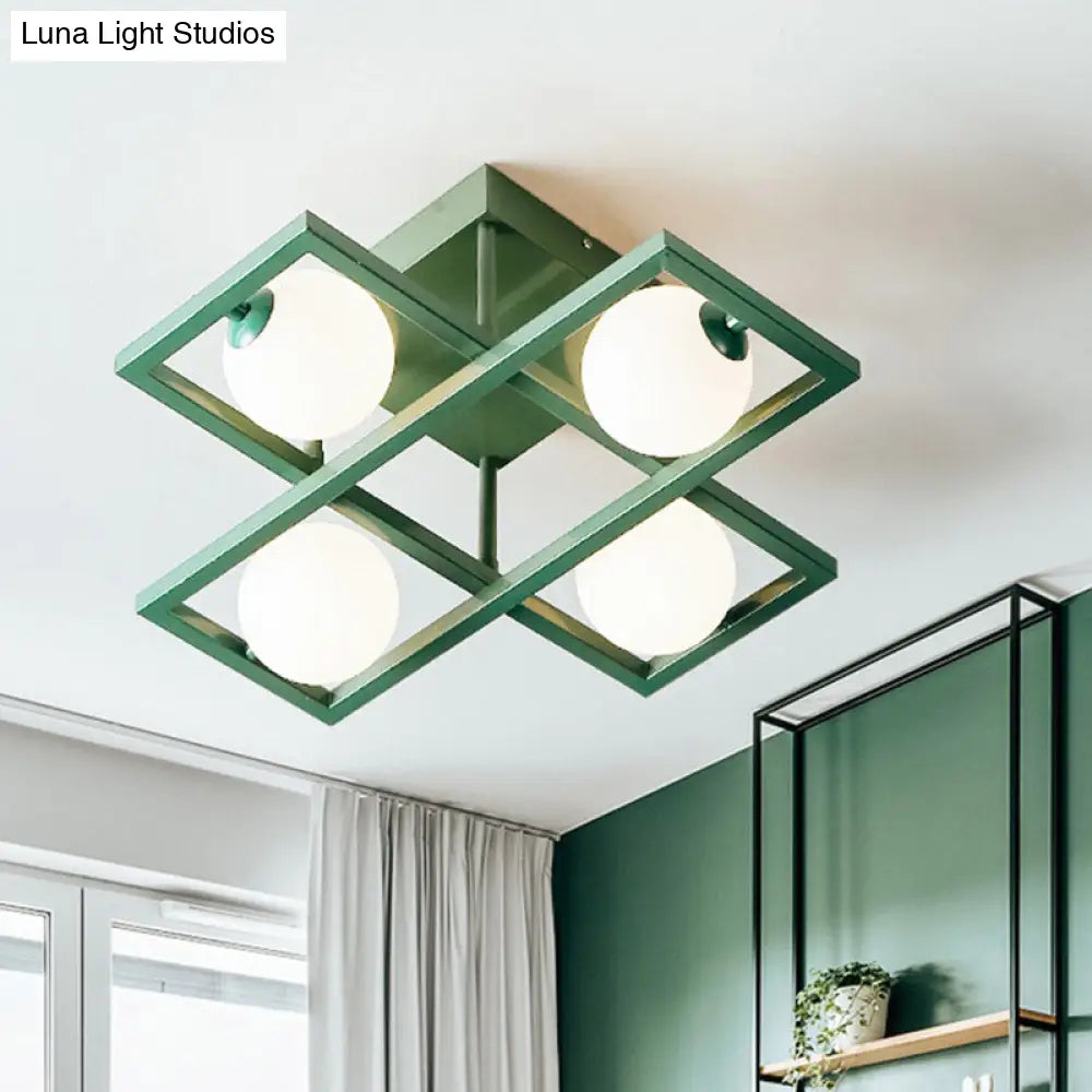 DecorBites™ DecorBites™ Modern Iron Semi Flush Ceiling Lamp with Globe White Glass Shade - Green, 3/4/6-Head Macaron Design