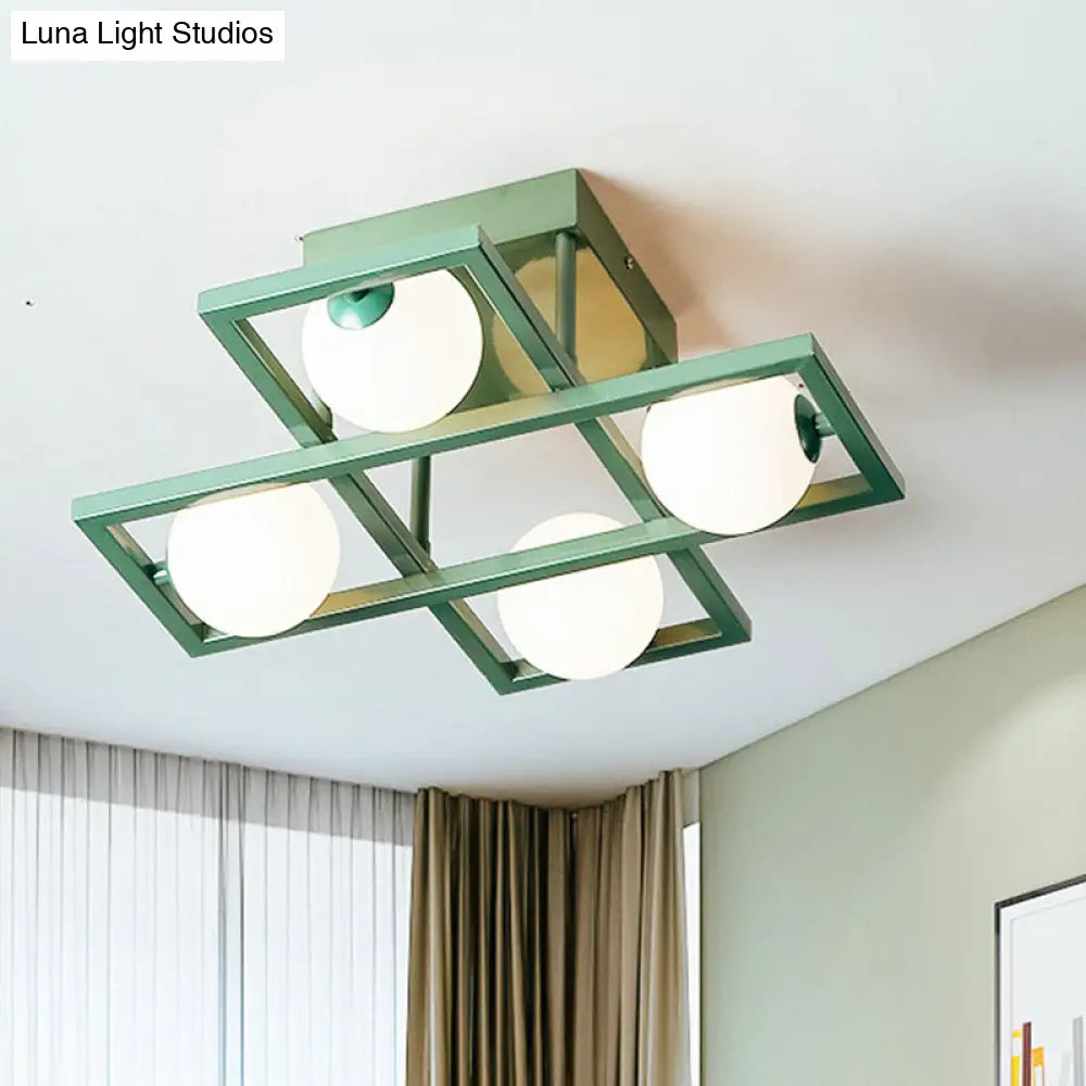 DecorBites™ DecorBites™ Modern Iron Semi Flush Ceiling Lamp with Globe White Glass Shade - Green, 3/4/6-Head Macaron Design