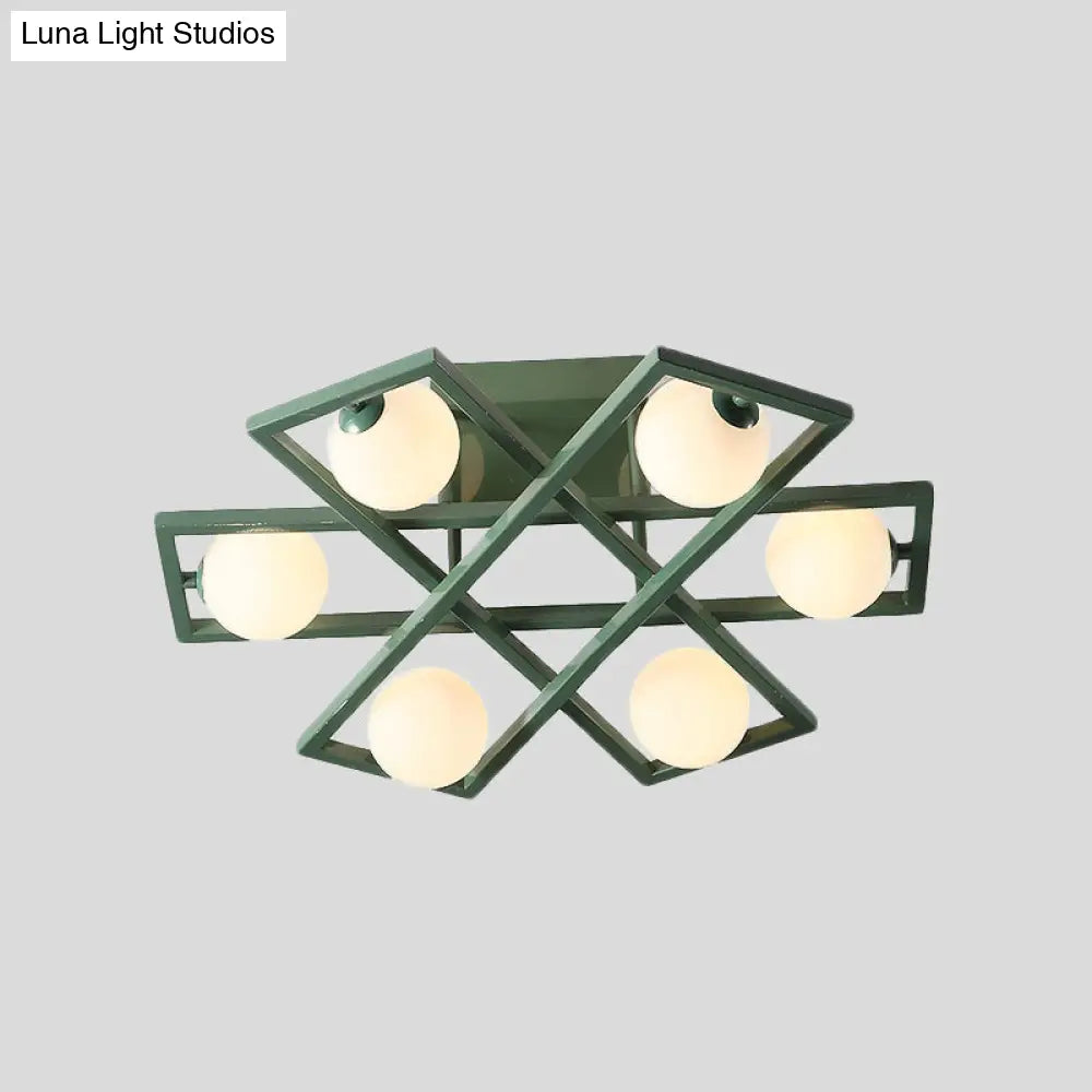 DecorBites™ DecorBites™ Modern Iron Semi Flush Ceiling Lamp with Globe White Glass Shade - Green, 3/4/6-Head Macaron Design