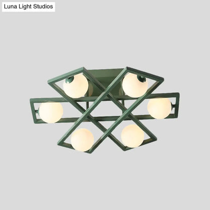 DecorBites™ DecorBites™ Modern Iron Semi Flush Ceiling Lamp with Globe White Glass Shade - Green, 3/4/6-Head Macaron Design
