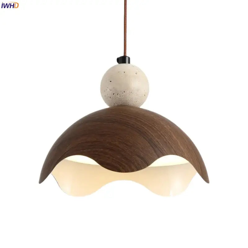 Modern pendant light with dark wood petal shade and speckled beige concrete sphere from decorbites iron yellow travertine