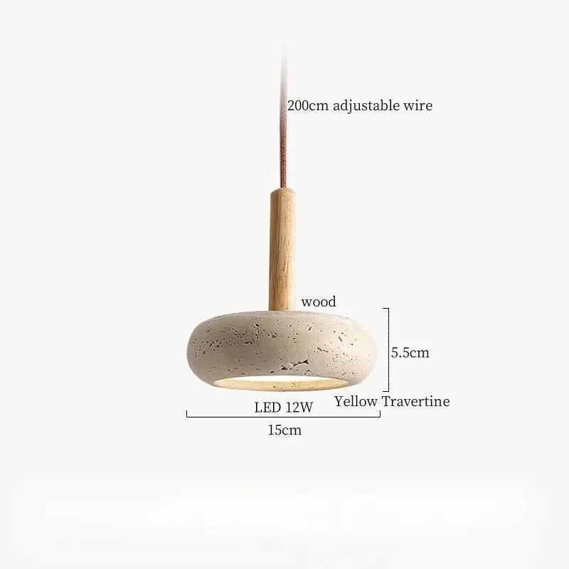 Modern iron yellow travertine pendant light with circular textured shade suspended by wooden dowel for dining room decorbites iron yellow