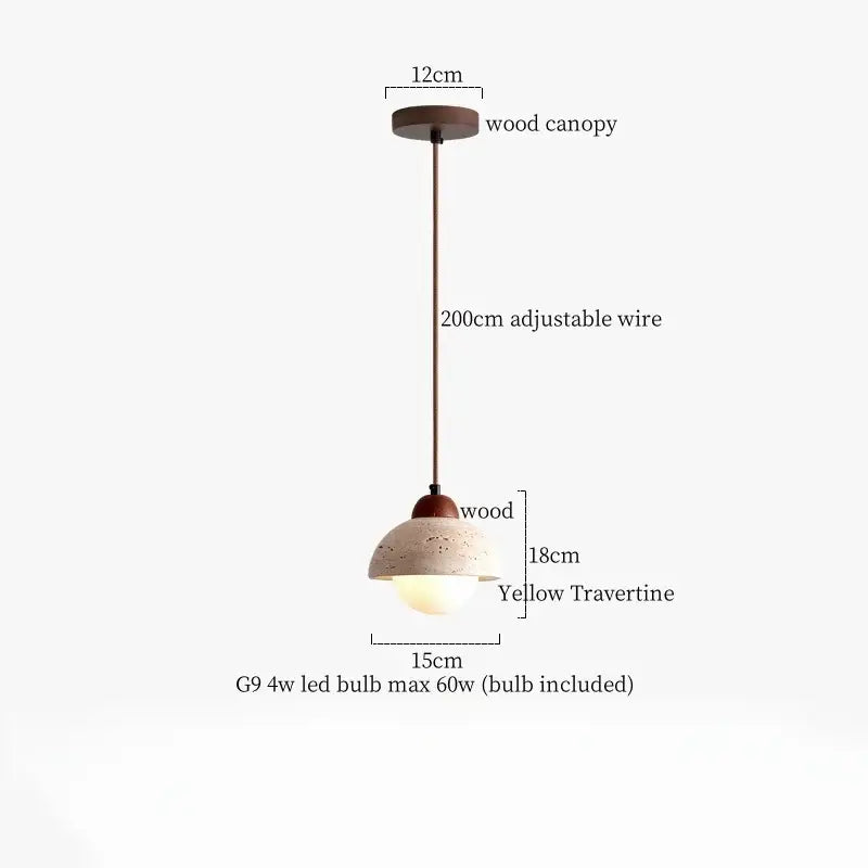 A modern iron yellow travertine pendant light with a rustic wood canopy and adjustable wire for dining room decor