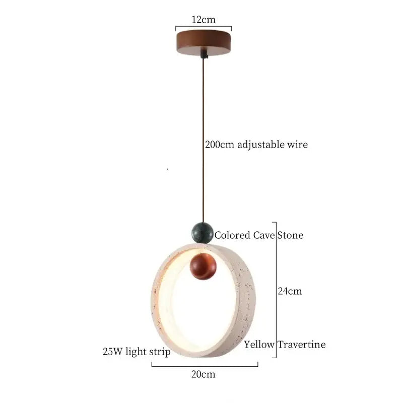 Modern iron yellow travertine pendant light with circular frame and led strip lighting for dining room decorbites iron yellow
