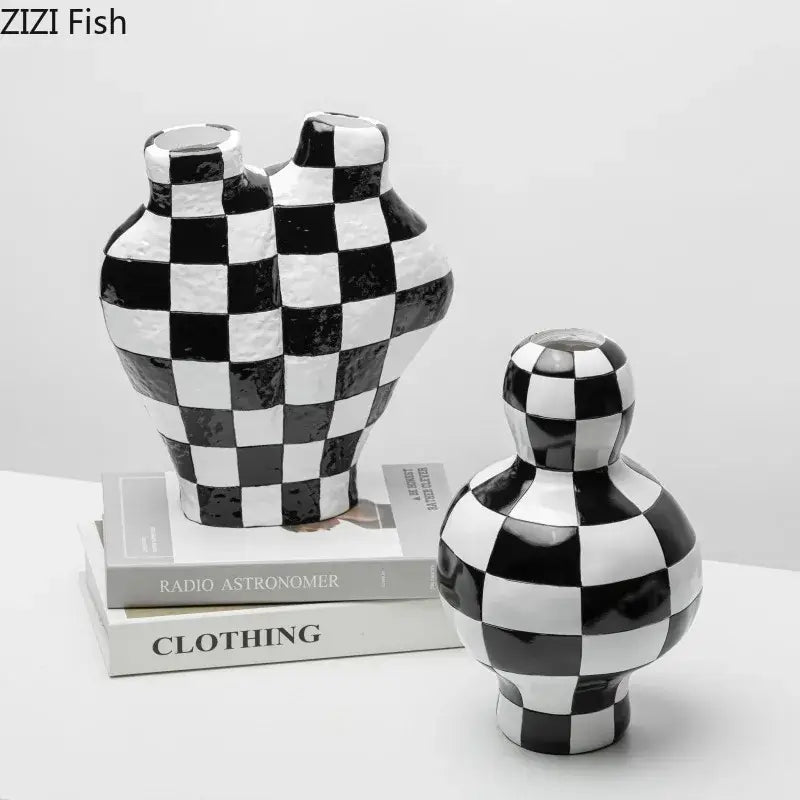 Modern irregular black and white check ceramic vase with glossy finish for stylish room decor by decorbites black white