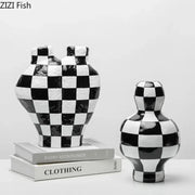 Modern irregular black and white check ceramic vases with glossy finish for room decor featuring white check pattern decorbites black white