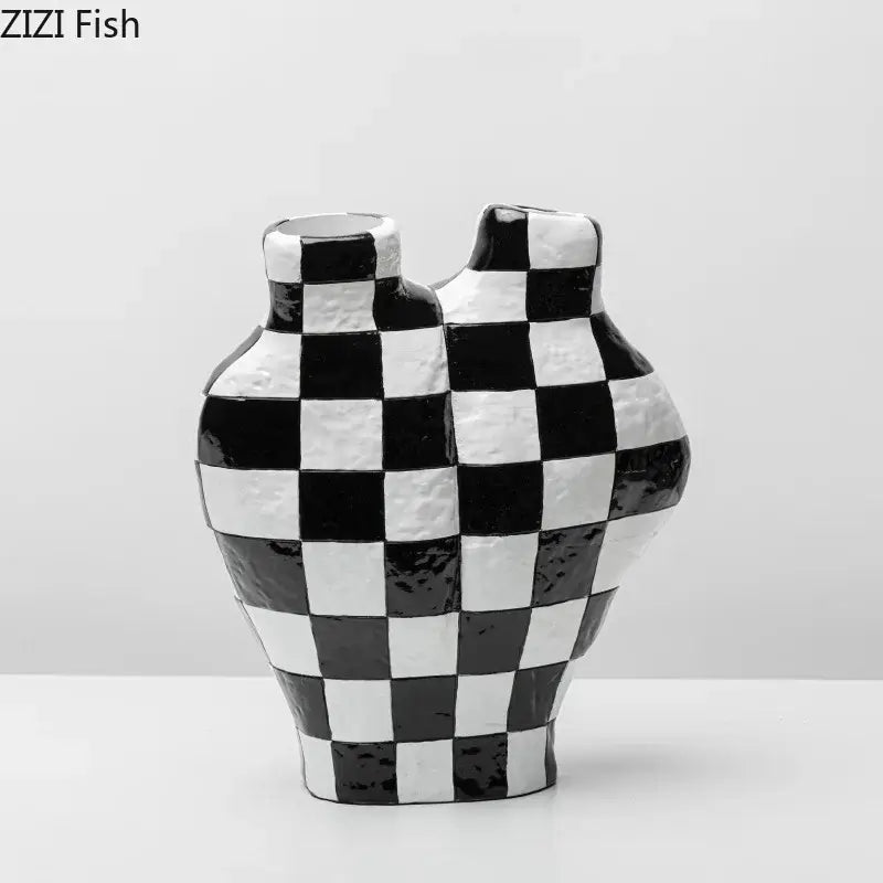 Modern irregular black and white check ceramic vase with two necks for elegant room decor by decorbites black white