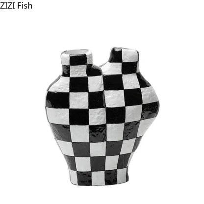 Modern irregular black and white check ceramic vase with two necks for stylish room decor and decorbites black white collection