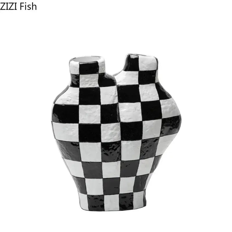 Modern irregular black and white check ceramic vase with two necks for stylish room decor and decorbites black white collection