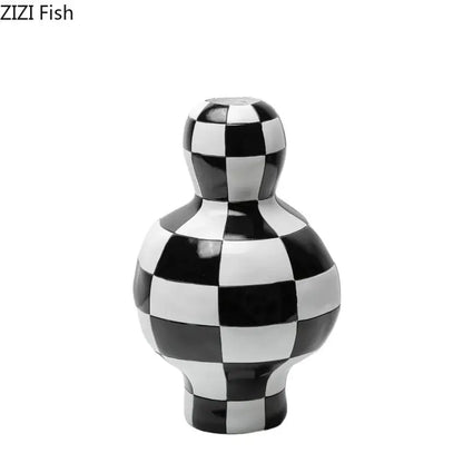 Modern irregular black and white check ceramic vase with glossy finish for room decor by decorbites black white