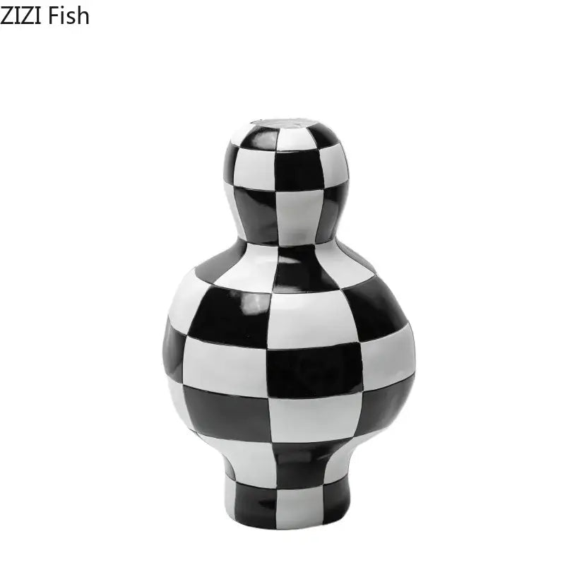 Modern irregular black and white check ceramic vase with glossy finish for room decor by decorbites black white