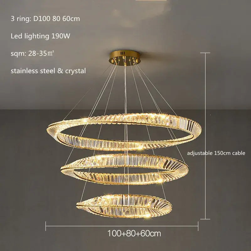 Modern irregular gold steel pendant light with gold-toned three-ring chandelier and crystal accents for dining room decorbites irregular gold