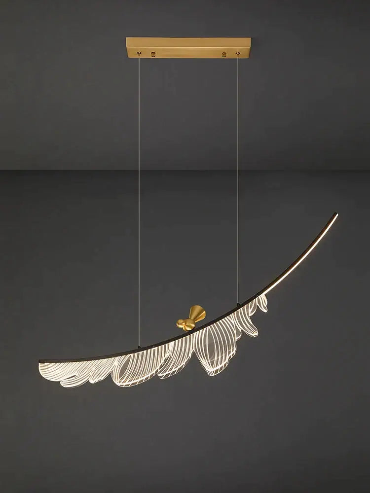 Modern italian copper chandelier gold bird pendant light with sleek feather shape glowing white led lines decorbites italian copper