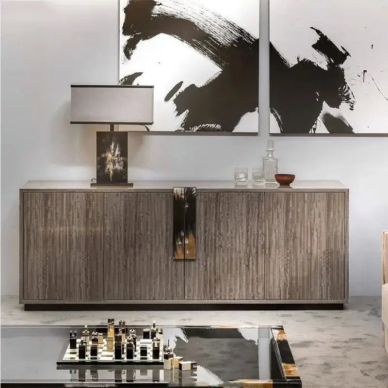 Modern gray wood-grain sideboard with central metallic panel complementing decorbites italian luxury table lamps