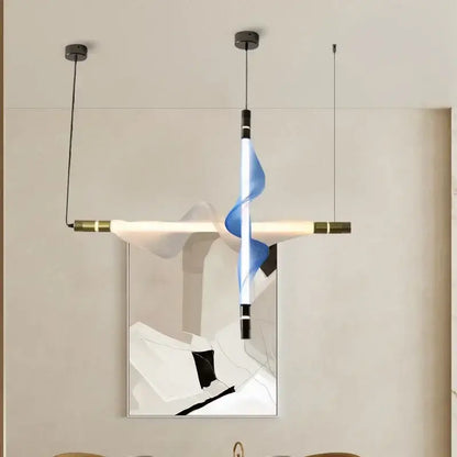 Modern italian style pendant light with a blue translucent spiral and matte black brass bars for kitchen and dining room decorbites italian style pendant