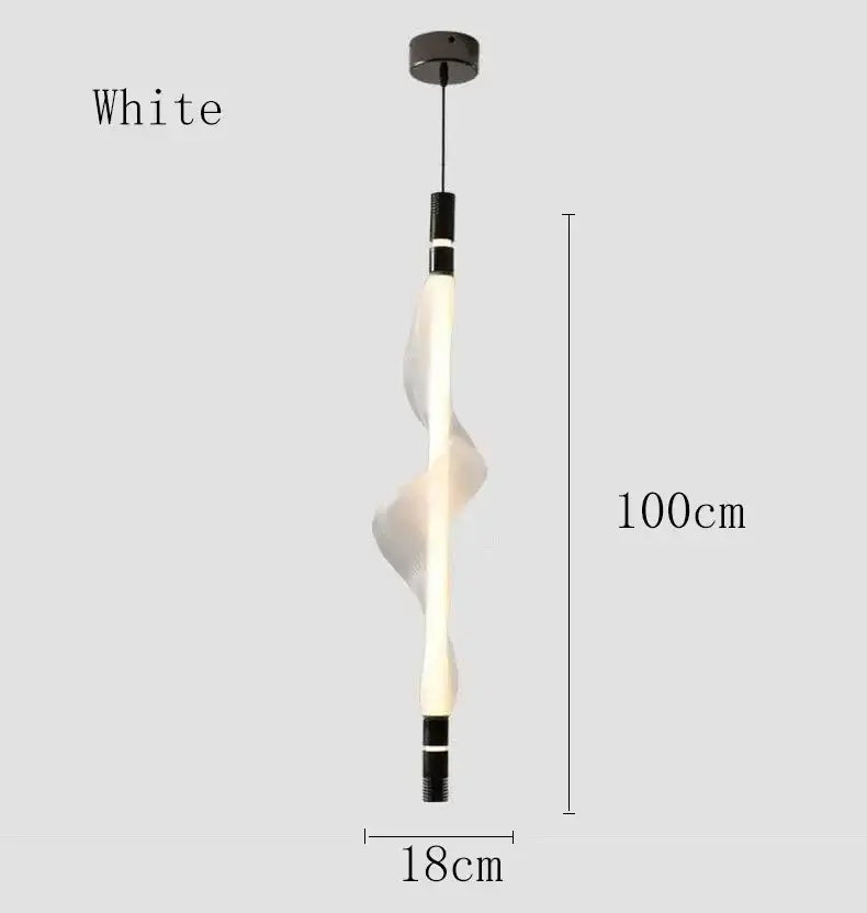 A sleek 100cm tall white led decorbites italian style pendant light with twisted design and black metallic accents for kitchen and dining room decor