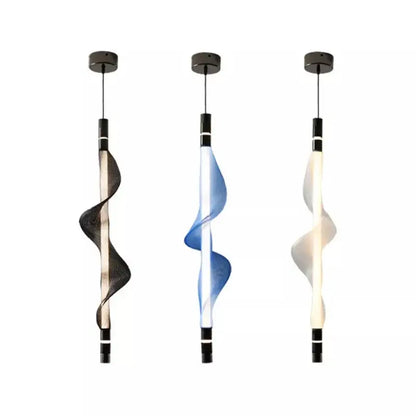 Three modern decorbites italian style pendant lights with black fixtures and translucent brown blue and white spiral shades for kitchen and dining room decor
