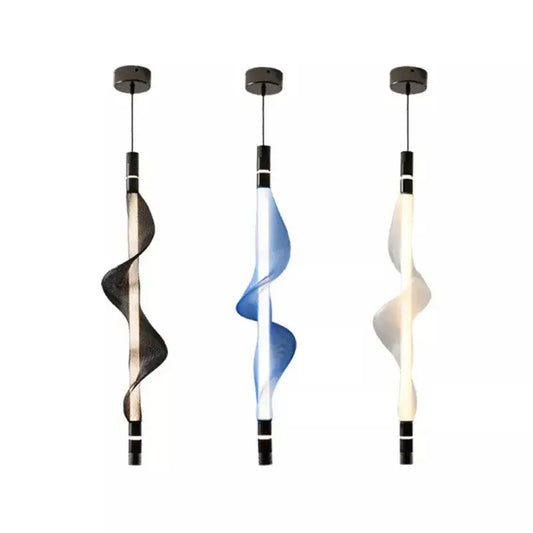 Three modern decorbites italian style pendant lights with black fixtures and translucent brown blue and white spiral shades for kitchen and dining room decor