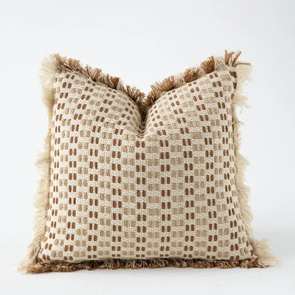 Beige and brown woven pillow covers with frayed edges featuring decorbites ivory tawny rabbit fur for living room decor