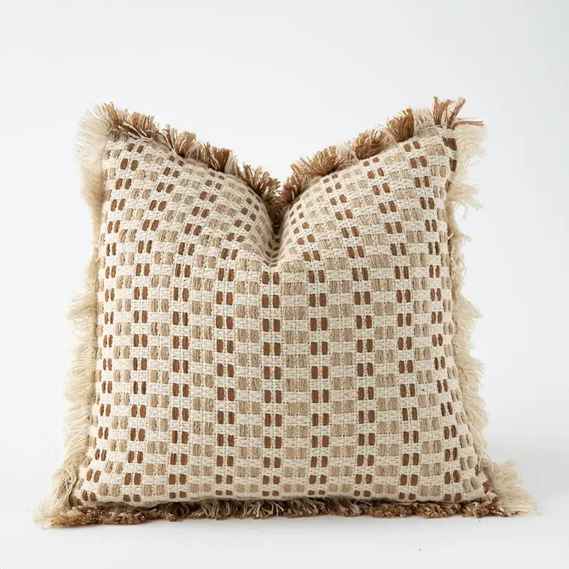 Beige and brown woven pillow covers with frayed edges featuring decorbites ivory tawny rabbit fur for living room decor