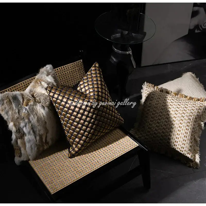Modern ivory tawny rabbit fur pillow covers with gold-toned woven diamond pattern and black accent stitching for decorbites ivory tawny decor