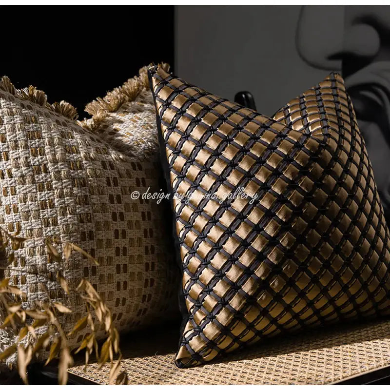 Modern ivory tawny rabbit fur pillow covers with gold and black woven diamond pattern for living room decorbites ivory tawny decor