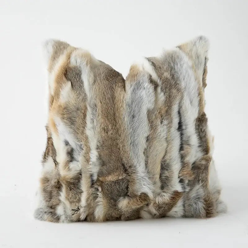 A modern ivory tawny rabbit fur pillow cover in gray beige and white mottled pattern for living room decorbites decor
