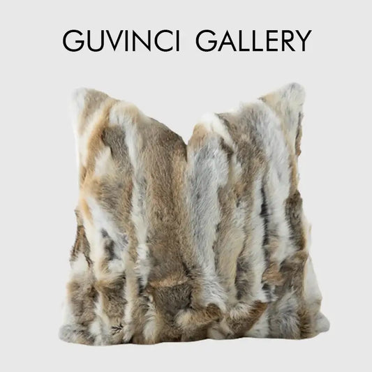 A modern ivory tawny rabbit fur pillow cover with vertical beige gray and white stripes for living room decorbites decor