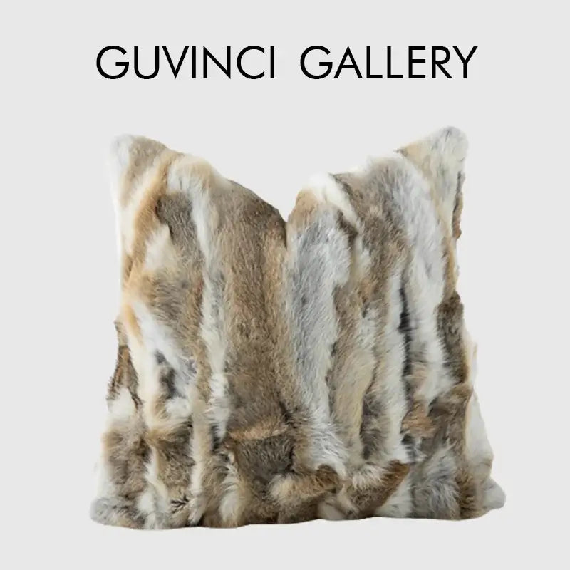 A modern ivory tawny rabbit fur pillow cover with vertical beige gray and white stripes for living room decorbites decor
