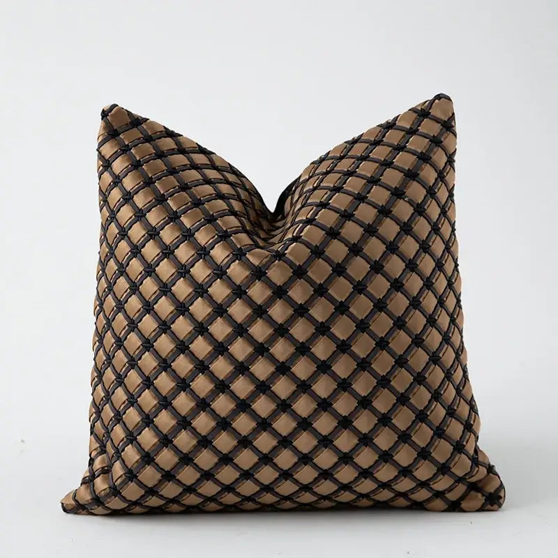 Tan satin pillow cover with black woven lattice pattern for decorbites ivory tawny rabbit fur living room decor