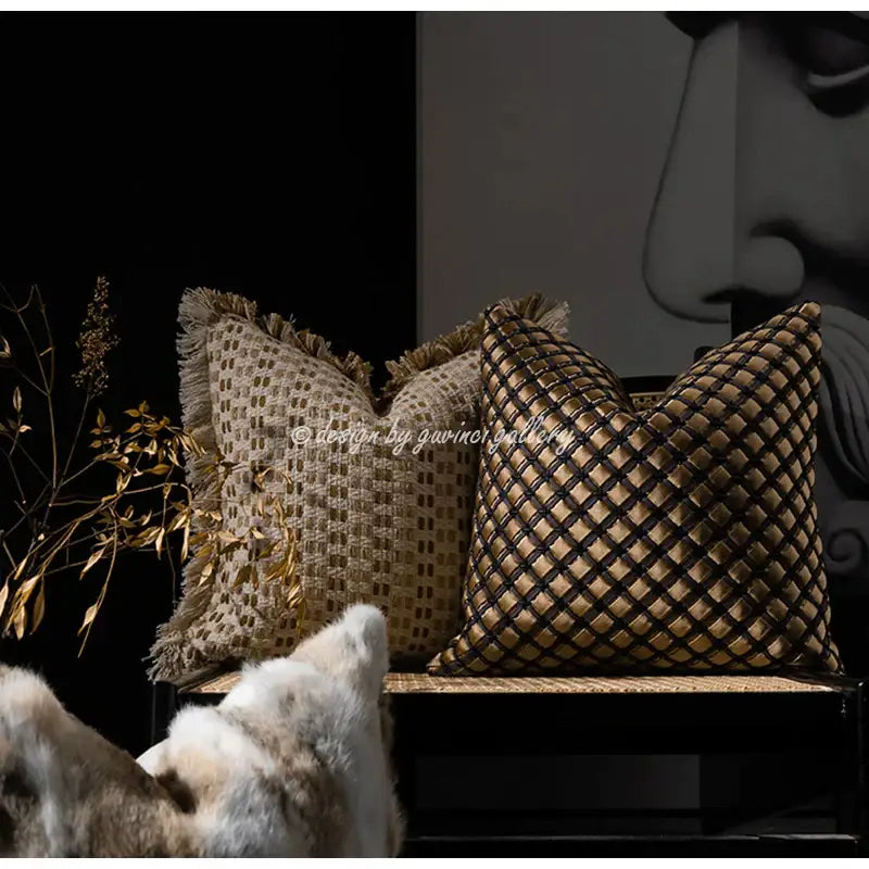 Two textured pillow covers with frayed edges in beige woven and black brown lattice patterns for decorbites ivory tawny rabbit fur decor
