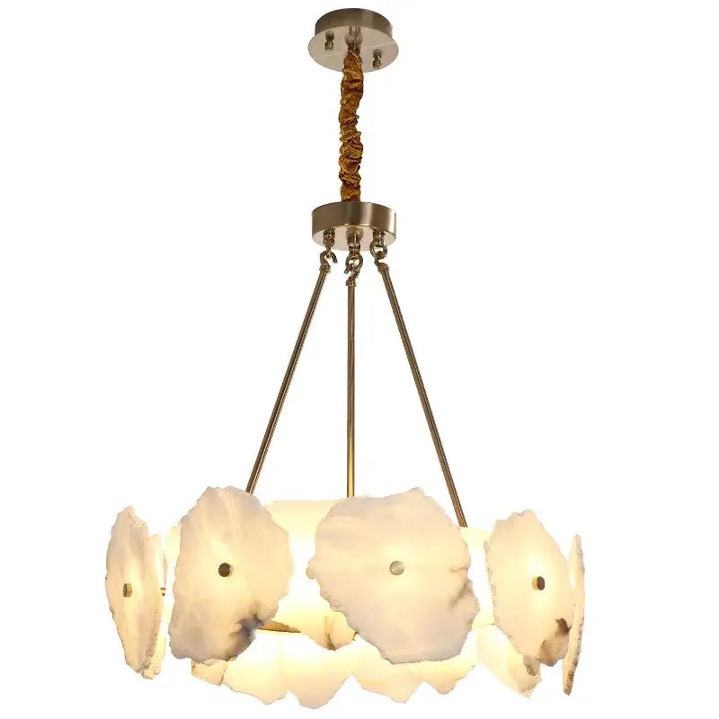 Modern ivory white marble ceiling light with five seashell-like glass discs and brushed brass decorbites ivory white frame