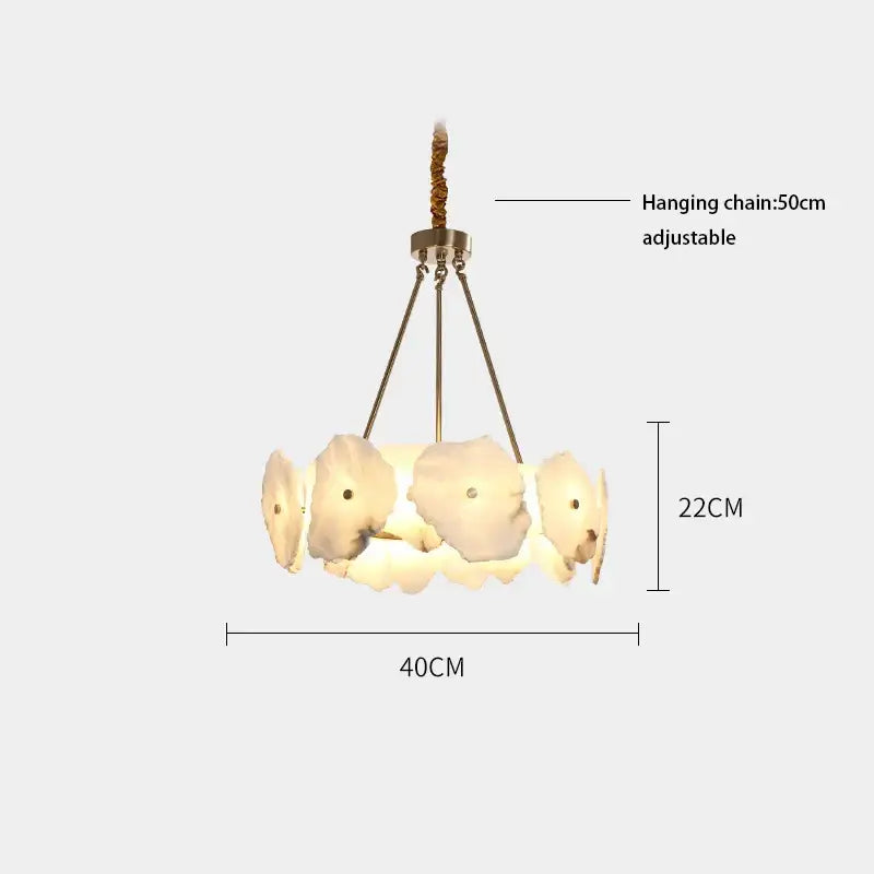 A modern ceiling light with five off-white petal-shaped glass shades brass arms and braided rope chain for decorbites ivory white marble decor
