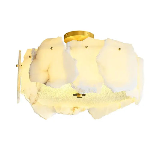 Modern ivory white marble led ceiling light with golden brass base and geode-like glass panels for living room decorbites ivory white