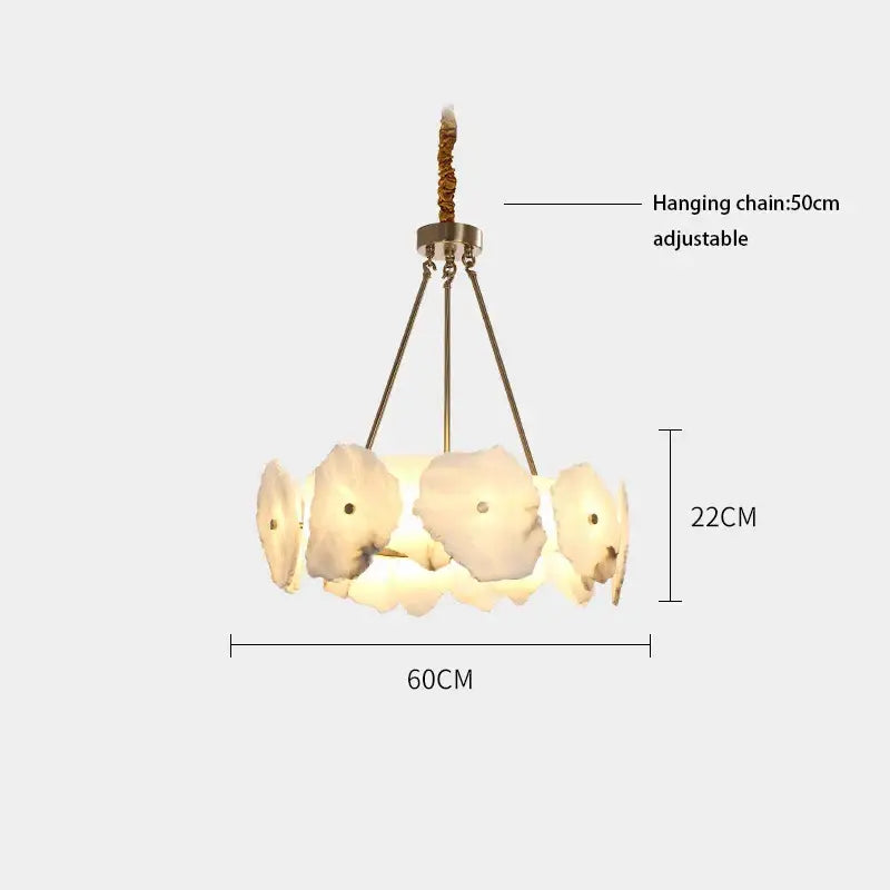 Modern ivory white marble led ceiling light with five off-white petal glass shades and brass decorbites ivory white arms