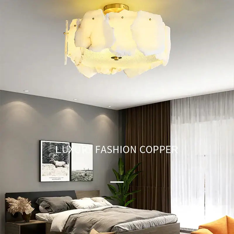 Modern ivory white marble led ceiling light with cloud-like fabric shade and gold accents for decorbites ivory white decor