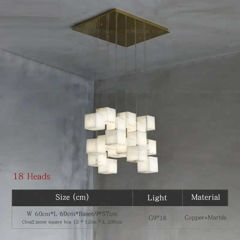 Modern jade design spiral alabaster chandelier with 18 illuminated cloud stone cubes on brass copper frame for living room decorbites jade design