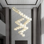 Modern jade design spiral alabaster chandelier with translucent white square panels suspended by thin cables for living room decorbites jade design