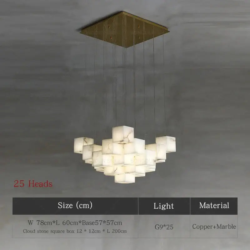 Modern jade design spiral alabaster chandelier with 25 illuminated cloud stone cubes and brass copper base decorbites jade design