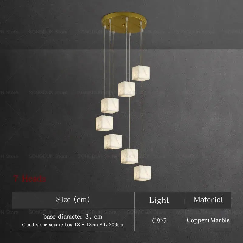 Modern copper and marble cloud stone square pendant light with seven cascading cubes for decorbites jade design living room